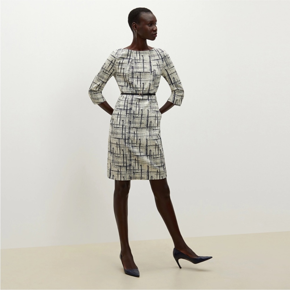 MM Lafleur Cubist Jacquard Navy and Cream Etsuko Dress 14 NWT
